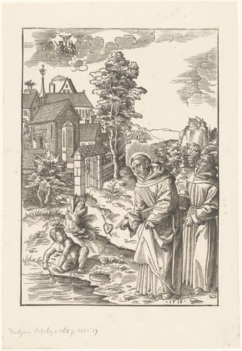 Heilige Augustinus met een kind die zeewater in gat in het zand lepelt by anonymous; Wolf Traut
