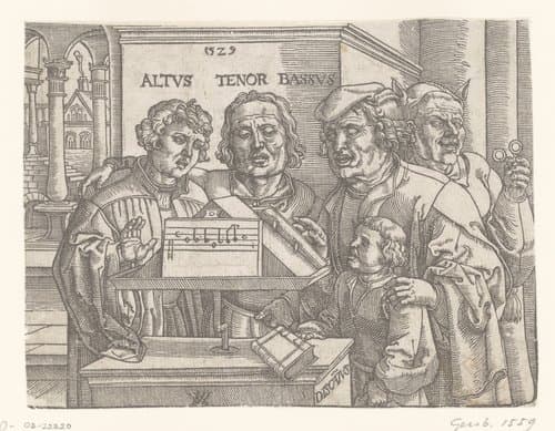 Mannenkwartet: Discantus, Altus, Tenor, Bassus, met nar by anonymous; Anton von Woensam