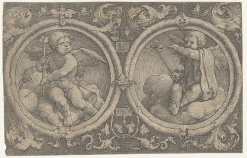 Twee medaillons met putti op wolken by Lucas van Leyden