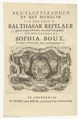 Titelpagina voor: Bruyloftszangen op het Huwelyk van den heer Mr. Balthasar Repelaer en Mejufvrouwe Sophia Bout, Amsterdam, 1713