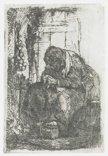 Oude vrouw met uien, zittend in een hut by Rembrandt van Rijn