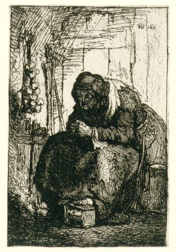 Old woman seated in a cottage, with a string of onions on the wall by Rembrandt van Rijn