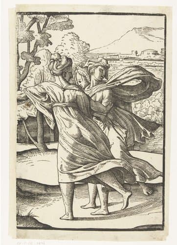 Drie rennende vrouwen by Jan van Scorel