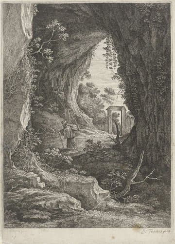 Kluizenaar tussen overhangende rotsen by Theodor van Merlen (II)