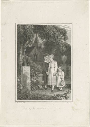Drie kinderen bij het graf van hun moeder by Leopold Beyer