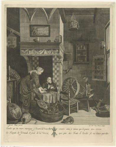 Kitchen interior with a woman and a boy by Cornelis-Henricus van Meurs