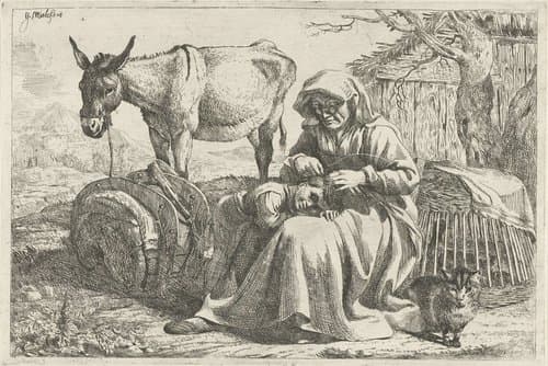 Oude vrouw die een kind luist by Jan Miel