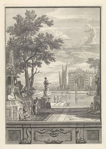 Landschap met fontein en vijver by Isaac de Moucheron