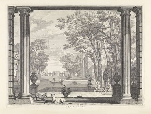 Parklandschap met twee honden by Isaac de Moucheron