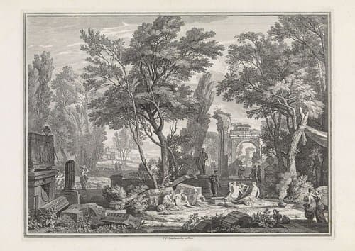 Landschap met ruïnes en figuren by Isaac de Moucheron