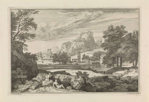 Landschap met twee rustende figuren op de voorgrond by Isaac de Moucheron