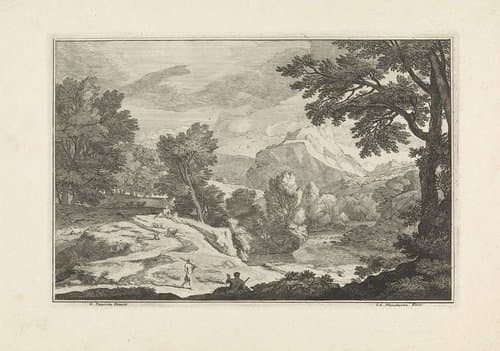 Landschap met een rivier en herders by Isaac de Moucheron