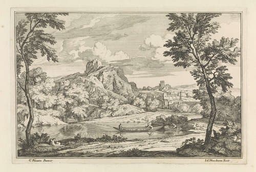 Landschap met figuren in een sloep by Isaac de Moucheron