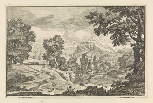 Landschap met een rivier en herders by Isaac de Moucheron