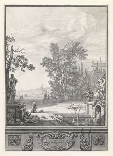 Landschap met een sculptuur, fontein en havengezicht by Isaac de Moucheron