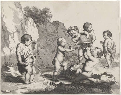 Plassende putto en putti met een karaf by Michiel Mosijn