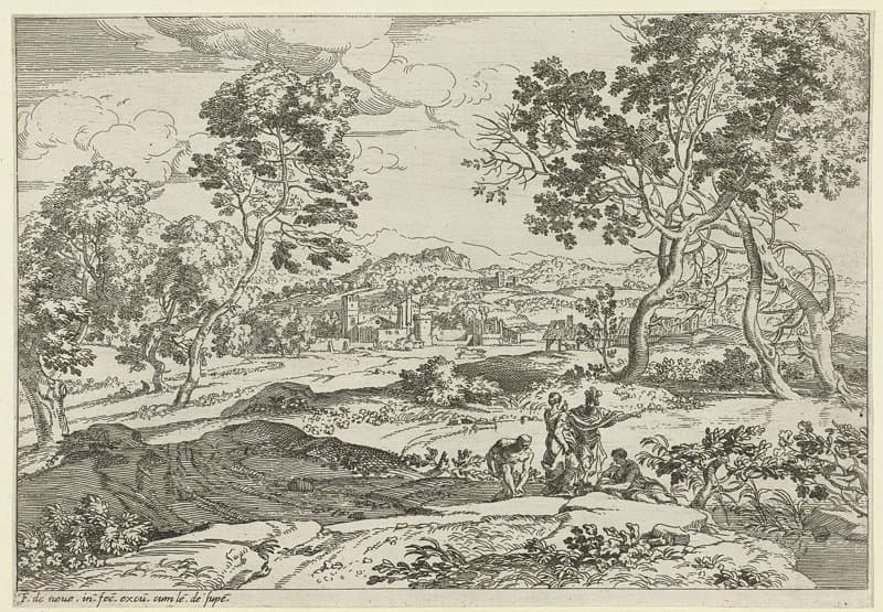 Heuvelachtig landschap met vier figuren by Franciscus de Neve
