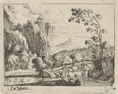 Rivier met brug by Jan van Nickelen