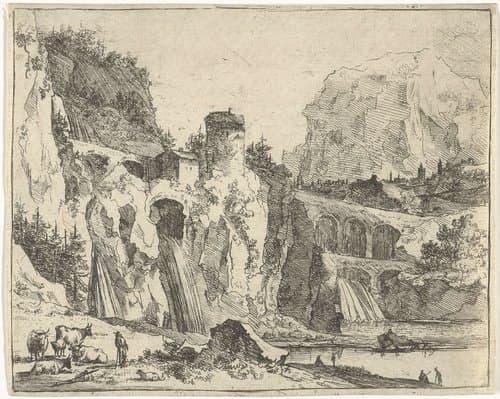 Berglandschap met drie watervallen by Jan van Nickelen