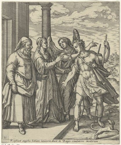 Tobias en de engel nemen afscheid van Tobit en Anna