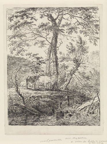 Landschap met twee koeien bij bomen en een beek by Gerard van Nijmegen