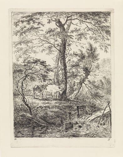 Landschap met twee koeien bij bomen en een beek by Gerard van Nijmegen