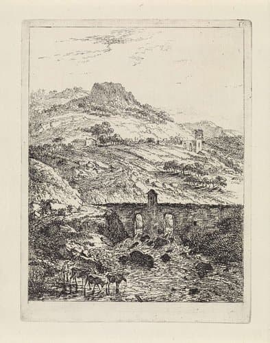 Heuvellandschap met een stenen brug by Gerard van Nijmegen