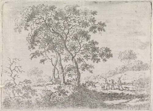 Landschap met een bomengroep langs een weg by Gerard van Nijmegen
