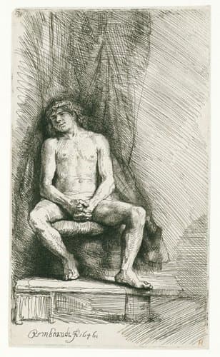 Nude man seated before a curtain by Rembrandt van Rijn