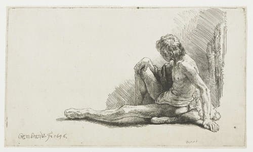 Jonge man, zittend op de grond met één been uitgestrekt by Rembrandt van Rijn