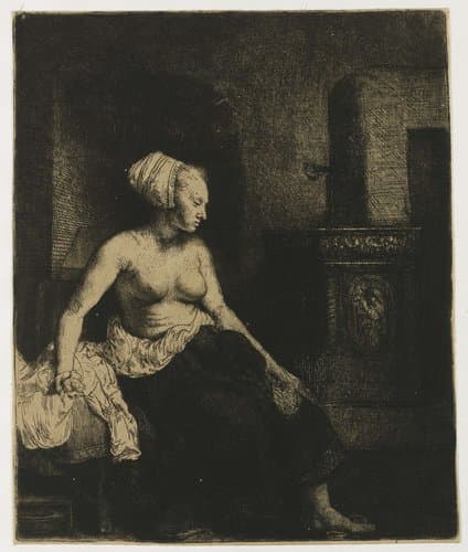 Vrouw met naakt bovenlichaam bij een kachel by Rembrandt van Rijn