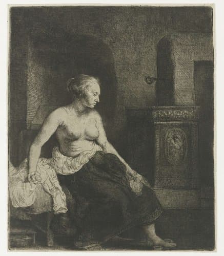 Woman sitting half dressed beside a stove by Rembrandt van Rijn