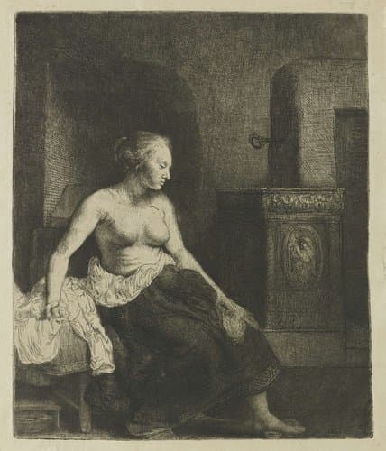 Vrouw met naakt bovenlichaam bij een kachel by Rembrandt van Rijn