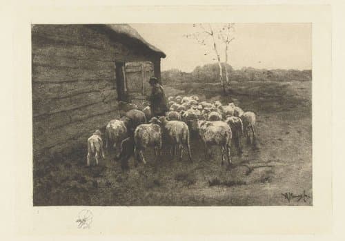 Herder met kudde schapen voor de stal by Petrus Johannes Arendzen