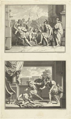 Pijniging van Adonibezek; Eglon door Ehud gedood by Frans de Bakker