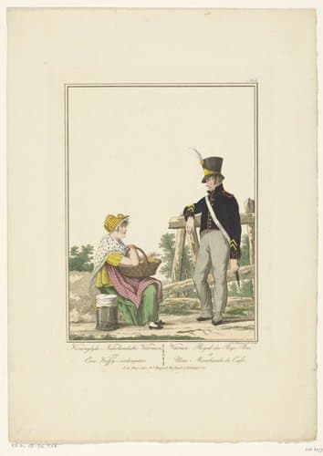 Staande soldaat met zittende koffieverkoopster by Joannes Bemme