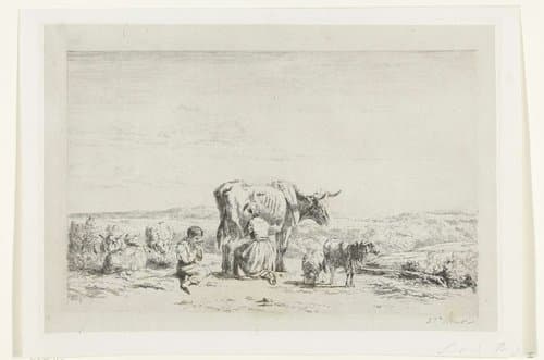 Landschap met vrouw die koe melkt en jongen met schapen by Simon van den Berg