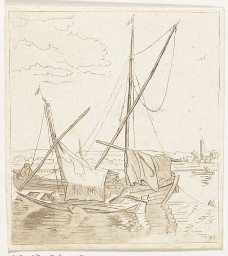 Twee zeilschepen in een rivier by Anthonie van den Bos