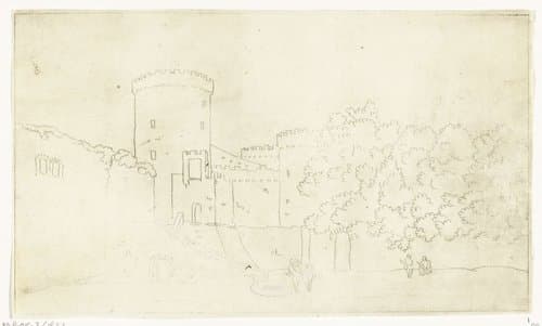 Muur van een burcht met torens by Anthonie van den Bos