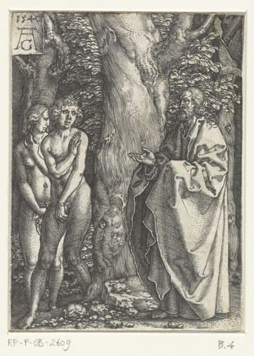 Adam en Eva schamen zich by Heinrich Aldegrever