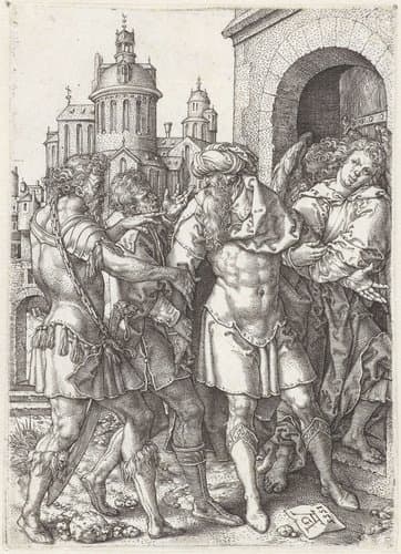 Lot voorkomt geweld tussen de inwoners van Sodom by Heinrich Aldegrever