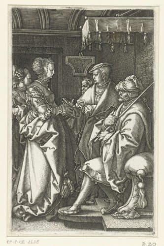 De vrouw van Potifar beschuldigt Jozef by Heinrich Aldegrever