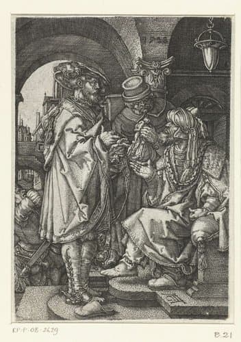 Jozef verkoopt graan aan zijn broeders by Heinrich Aldegrever