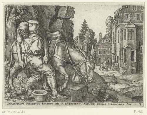 Barmhartige Samaritaan legt de gewonde man op zijn ezel by Heinrich Aldegrever