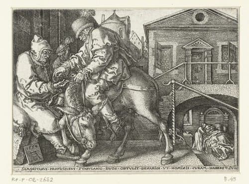 Barmhartige Samaritaan betaalt de herbergier by Heinrich Aldegrever