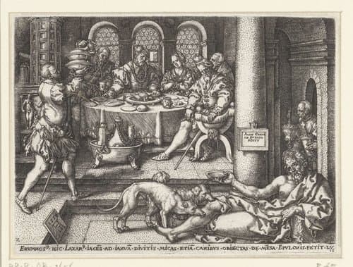 Lazarus bedelt aan de deur van de rijke man by Heinrich Aldegrever