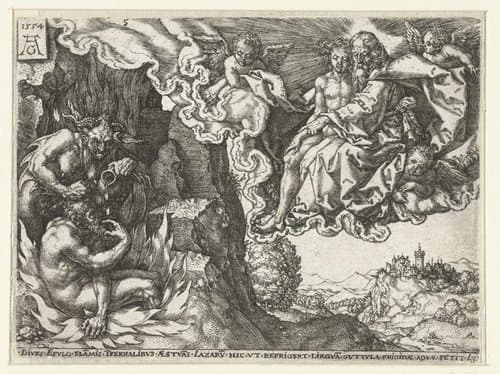 De rijke man in de hel ziet Abraham met Lazarus by Heinrich Aldegrever