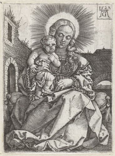 Madonna met kind zittend op een muurtje in een tuin by Heinrich Aldegrever