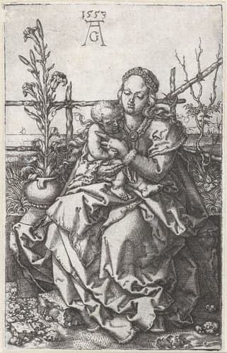 Madonna met kind zittend in een binnenplaats by Heinrich Aldegrever
