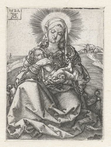 Madonna met kind zittend in een landschap by Heinrich Aldegrever